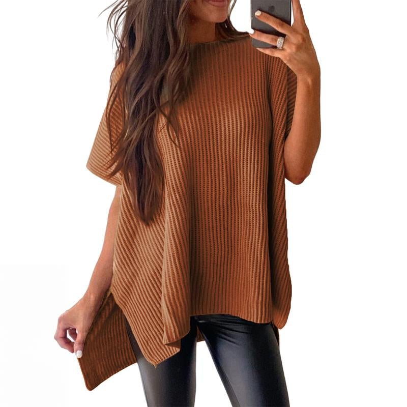 Shewin 2026 Oversized Cozy Ribbed Knit Top Women’S Crew Neck Short Sleeve Pullover Elegant Solid Color Knitwear with Side Slit for All-Season Casual Outfits