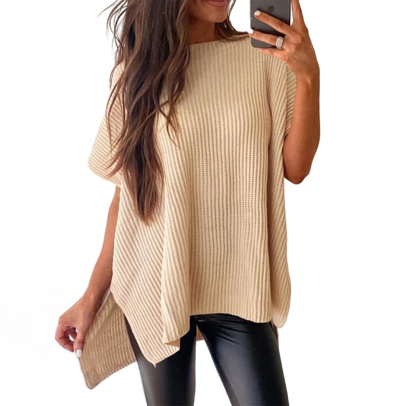 Shewin 2026 Oversized Cozy Ribbed Knit Top Women’S Crew Neck Short Sleeve Pullover Elegant Solid Color Knitwear with Side Slit for All-Season Casual Outfits