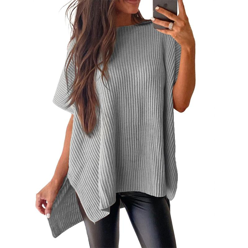 Shewin 2026 Oversized Cozy Ribbed Knit Top Women’S Crew Neck Short Sleeve Pullover Elegant Solid Color Knitwear with Side Slit for All-Season Casual Outfits