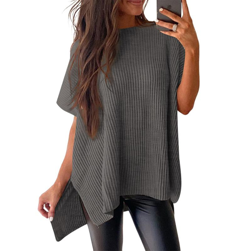 Shewin 2026 Oversized Cozy Ribbed Knit Top Women’S Crew Neck Short Sleeve Pullover Elegant Solid Color Knitwear with Side Slit for All-Season Casual Outfits