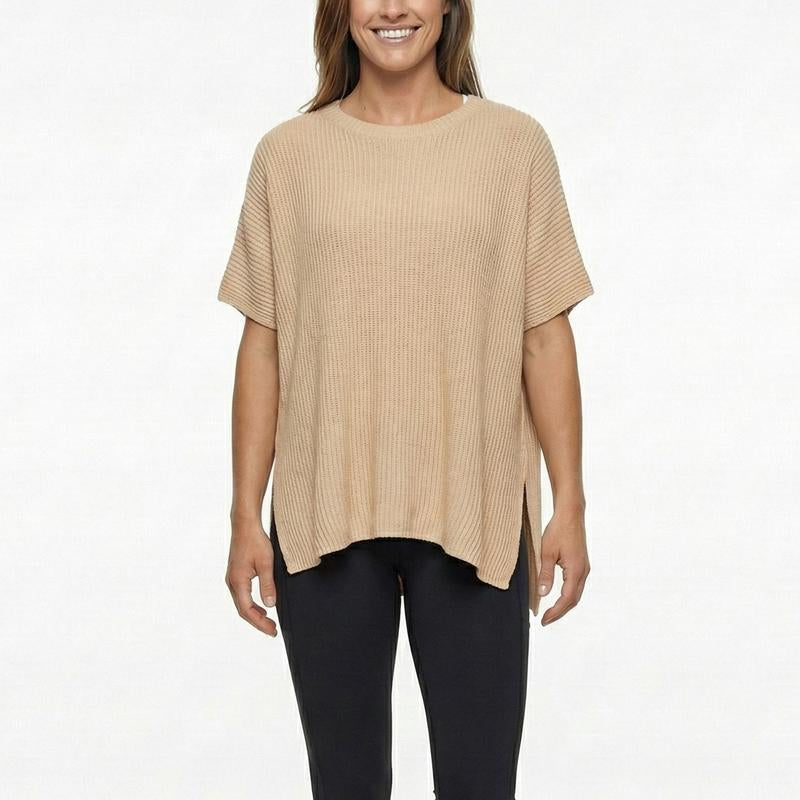 Shewin 2026 Oversized Cozy Ribbed Knit Top Women’S Crew Neck Short Sleeve Pullover Elegant Solid Color Knitwear with Side Slit for All-Season Casual Outfits