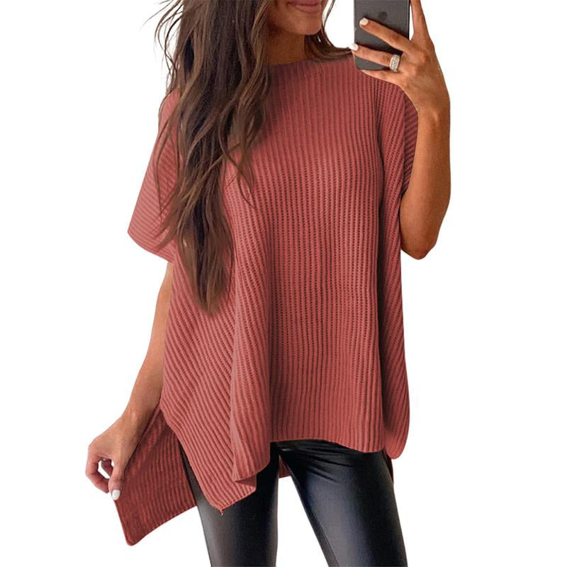 Shewin 2026 Oversized Cozy Ribbed Knit Top Women’S Crew Neck Short Sleeve Pullover Elegant Solid Color Knitwear with Side Slit for All-Season Casual Outfits