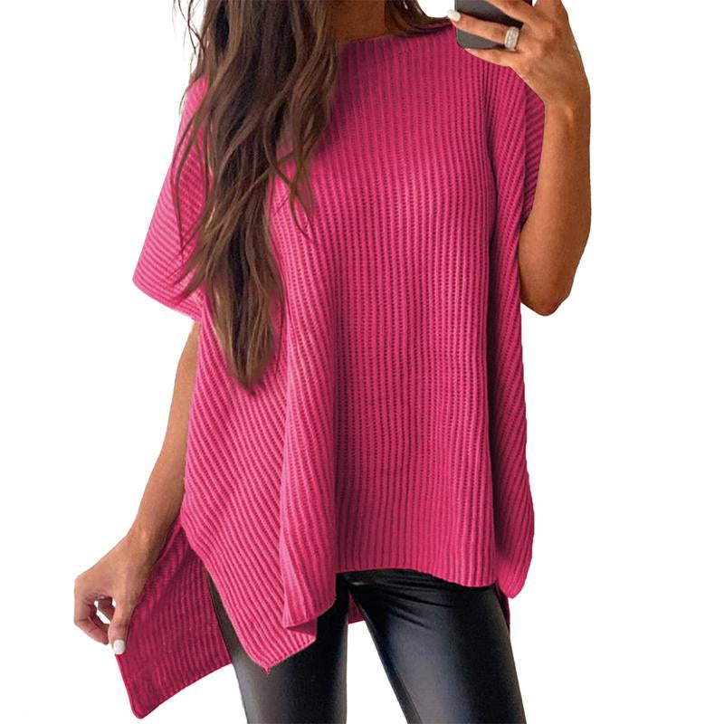 Shewin 2026 Oversized Cozy Ribbed Knit Top Women’S Crew Neck Short Sleeve Pullover Elegant Solid Color Knitwear with Side Slit for All-Season Casual Outfits