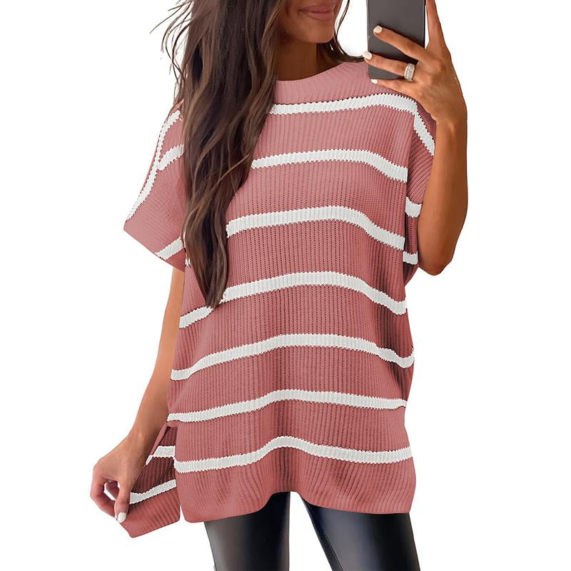 Shewin 2026 Oversized Cozy Ribbed Knit Top Women’S Crew Neck Short Sleeve Pullover Elegant Solid Color Knitwear with Side Slit for All-Season Casual Outfits