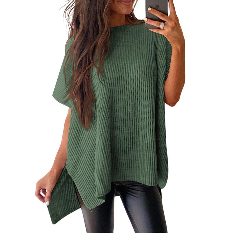 Shewin 2026 Oversized Cozy Ribbed Knit Top Women’S Crew Neck Short Sleeve Pullover Elegant Solid Color Knitwear with Side Slit for All-Season Casual Outfits