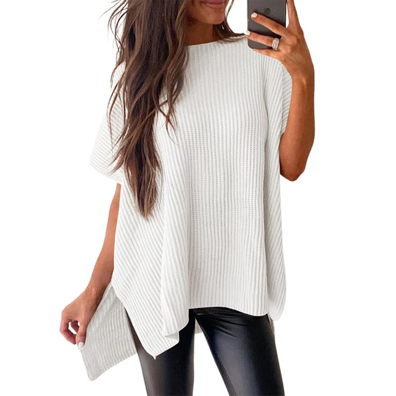 Shewin 2026 Oversized Cozy Ribbed Knit Top Women’S Crew Neck Short Sleeve Pullover Elegant Solid Color Knitwear with Side Slit for All-Season Casual Outfits